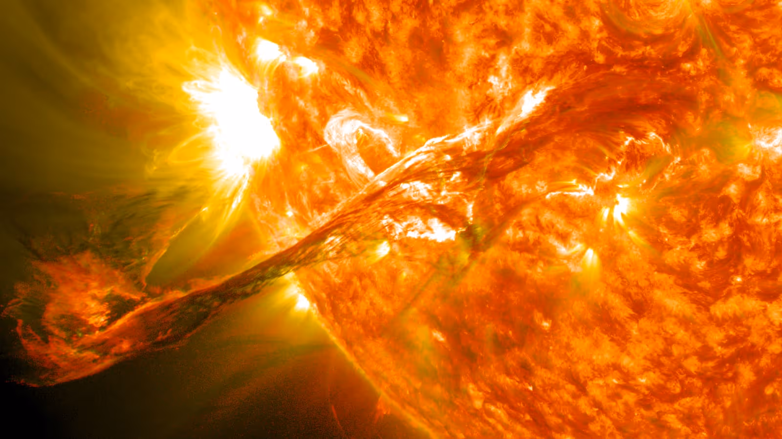 A coronal mass ejection erupting from the Sun, imaged by NASA's Solar Dynamics Observatory